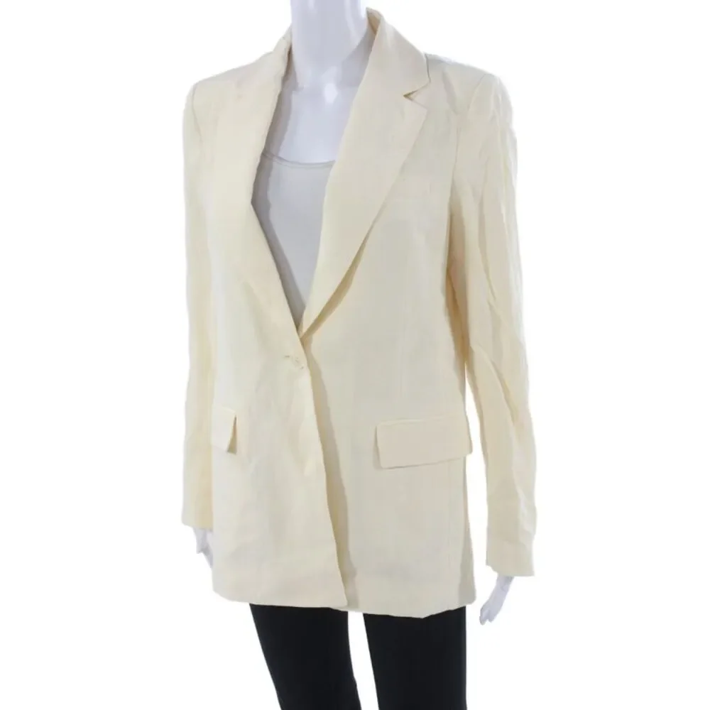 MNG Unisex Classic Collared Beige Blazer Long Sleeve Button Size M